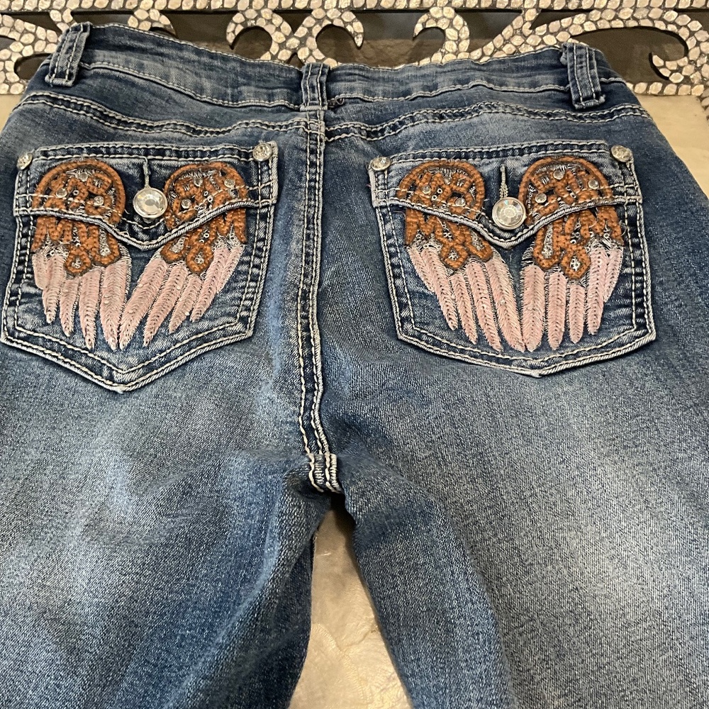 REBEL & SOUL WOMENS 8 ANGEL WING SKINNY JEANS EMBROIDERED JEWELS BOHO BLUE PINK